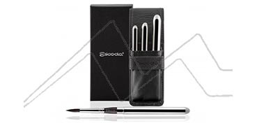 ESCODA BLACK LEATHER CASE WITH 3 ULTIMO SILVER TRAVEL BRUSHES SERIES 1526