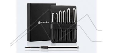ESCODA BLACK LEATHER CASE WITH 6 ULTIMO SILVER TRAVEL BRUSHES SERIES 1526