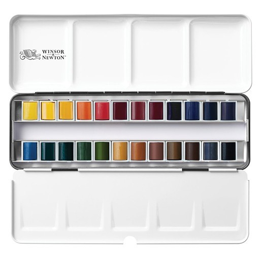 WINSOR & NEWTON ACQUERELLO PROFESSIONAL SCATOLA DA VIAGGIO METALLICA COMPLETA 24 MEZZI GODET