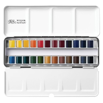 WINSOR & NEWTON ACQUERELLO PROFESSIONAL SCATOLA DA VIAGGIO METALLICA COMPLETA 24 MEZZI GODET
