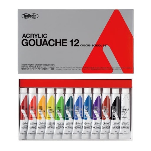 HOLBEIN ACRYLA GOUACHE COLOURS SCHOOL SET D981 - 12 X 12 ML TUBES BASIC COLOURS