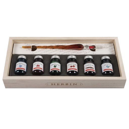 HERBIN CALLIGRAPHY SET IN WOODEN BOX WITH GLASS PEN AND 6 INK TONES