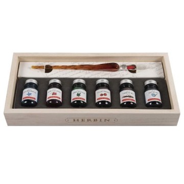 HERBIN SET DI SCRITTURA IN SCATOLA DI LEGNO CON PENNA IN VETRO E 6 INCHIOSTRI COLORATI