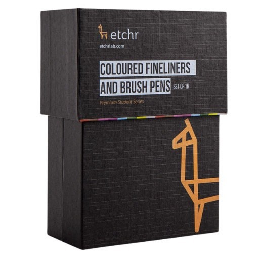 ETCHR SET OF 16 COLOURED INK FINELINER AND BRUSH PENS