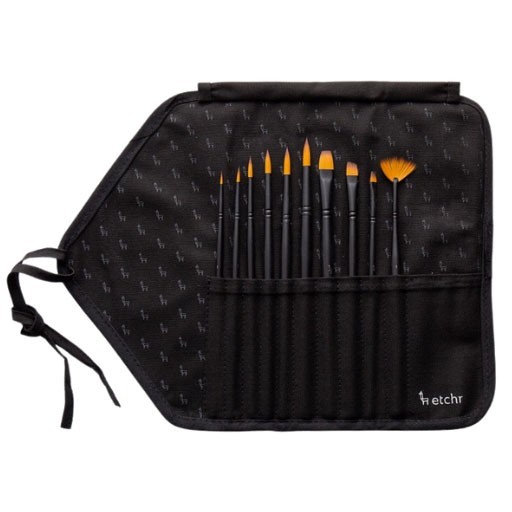 ETCHR SET OF 10 SYNTHETIC BRUSHES FOR WATERCOLOUR + BRUSH ROLL