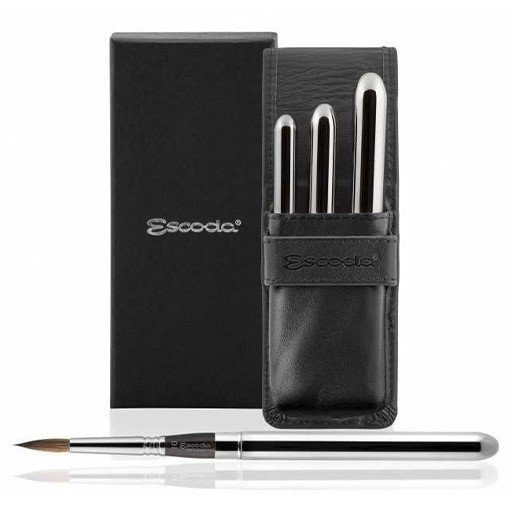 ESCODA ESTUCHE PETACA PIEL NEGRA SINTÉTICA CON PINCELES DE BOLSILLO PLATEADOS ÓPTIMO SERIE 1215