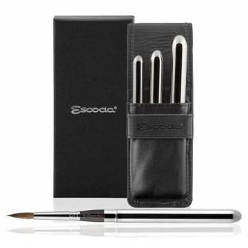 ESCODA ESTUCHE PETACA PIEL NEGRA SINTÉTICA CON PINCELES DE BOLSILLO PLATEADOS ÓPTIMO SERIE 1215