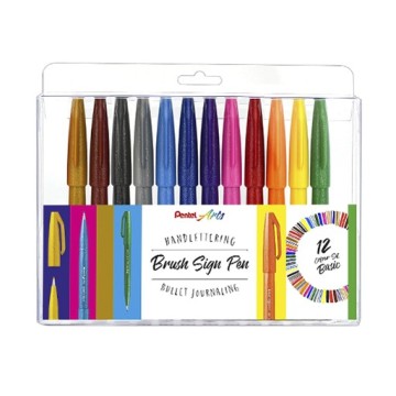 PENTEL BRUSH SIGN PEN - SET 12 PENNARELLI PUNTA PENNELLO