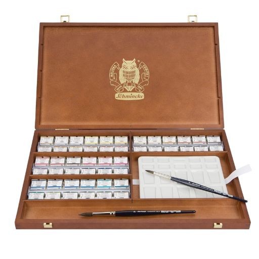 SCHMINCKE HORADAM AQUARELL WATERCOLOUR WOODEN BOX SET OF 47 PANS 1 ONETZ PAN 1 PORCELAIN PALETTE AND 2 DA VINCI BRUSHES