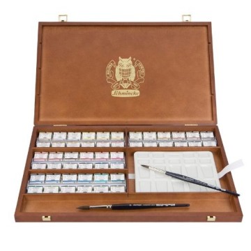 SCHMINCKE HORADAM AQUARELL SCATOLA LEGNO ACQUERELLI 47 GODET + 1 GODET ONETZ + 1 TAVOLOZZA PORCELLANA + 2 PENNELLI DA VINCI