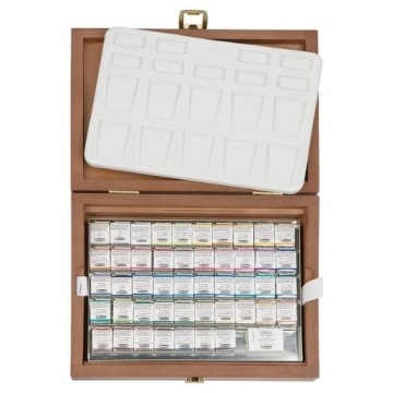 SCHMINCKE HORADAM AQUARELL SCATOLA LEGNO ACQUERELLI 47 MEZZI GODET + 1 GODET ONETZ + 1 TAVOLOZZA DI PORCELLANA