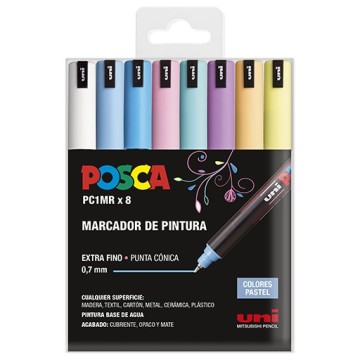 UNI POSCA PC-1MR 8C SET 8 MARKER AUF WASSERBASIS MIT EXTRA FEINER SPITZE 0.7 MM - PASTELL