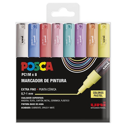 UNI POSCA PC-1M 8C SET OF 8 WATER-BASED MARKERS FINE TIP 0.7-1 MM - PASTEL COLOURS
