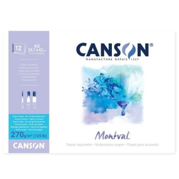 CANSON MONTVAL TORCHON BLOCCO PER ACQUERELLO COLLATO 1 LATO EFFETTO NUVOLA 270 G