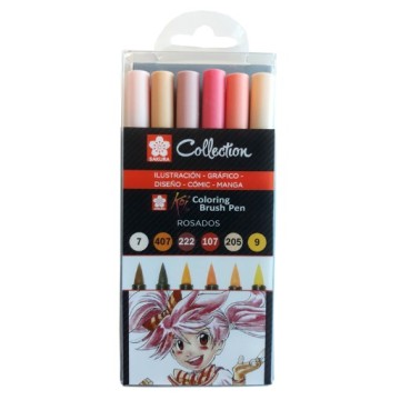 SAKURA KOI COLORING BRUSH PEN SET 6 PENNARELLI PUNTA PENNELLO COLORI ROSA