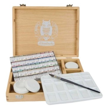 SCHMINCKE HORADAM AQUARELL SCATOLA LEGNO ACQUERELLI 50 MEZZI GODET E ACCESSORI