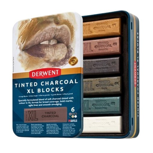DERWENT XL TINTED CHARCOAL BLOCK METAL TIN SET OF 6