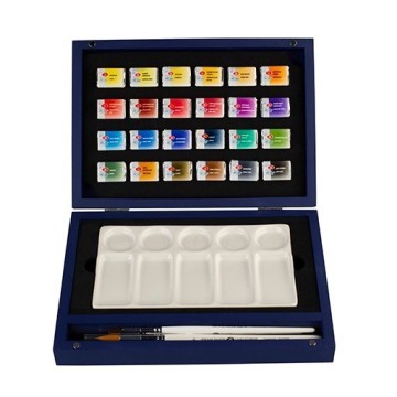 WHITE NIGHTS ACQUERELLI IN SCATOLA DI LEGNO BLU 24 GODET + TAVOLOZZA DI CERAMICA + 3 PENNELLI