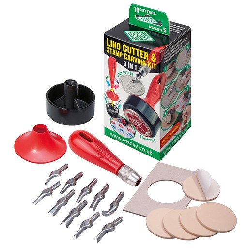 ESSDEE LINO CUTTER & STAMP CARVING KIT 3 IN 1 - SET 10 LINOLMESSER + 5 STEMPEL + ZUBEHÖR