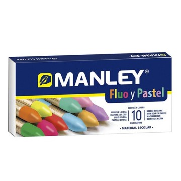 MANLEY SCATOLA CARTONE FLUO E PASTELLO - 10 PASTELLI A CERA COLORATI