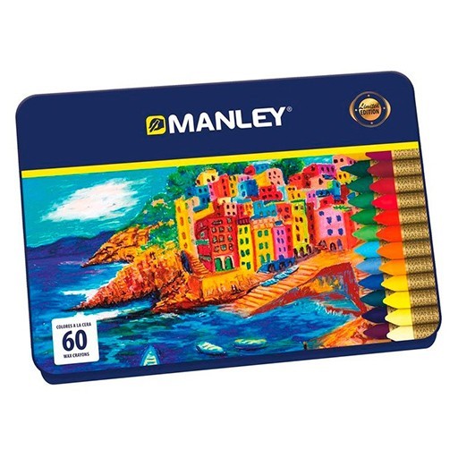 MANLEY BOÎTE MÉTAL AVEC 60 CRAIES À LA CIRE EN COULEURS ASSORTIES - ÉDITION LIMITÉE DU 60E ANNIVERSAIRE
