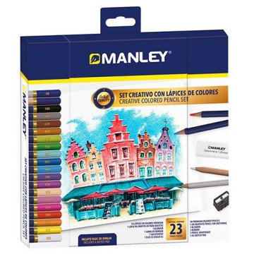 MANLEY SET CRÉATIF AVEC 23 PIÈCES POUR LE DESSIN - CRAYONS DE COULEUR + ACCESSOIRES