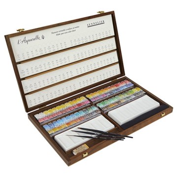 SENNELIER ACQUERELLI EXTRAFINI IN SCATOLA IN NOCE 96 MEZZI GODET + 3 PENNELLI + ACCESSORI