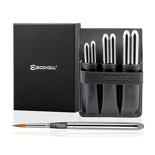 ESCODA ESTUCHE PETACA PIEL NEGRA SINTÉTICA CON 6 PINCELES DE BOLSILLO PLATEADOS BARROCO SERIE 1247