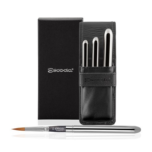 ESCODA ESTUCHE PETACA PIEL NEGRA SINTÉTICA CON 3 PINCELES DE BOLSILLO PLATEADOS BARROCO SERIE 1257