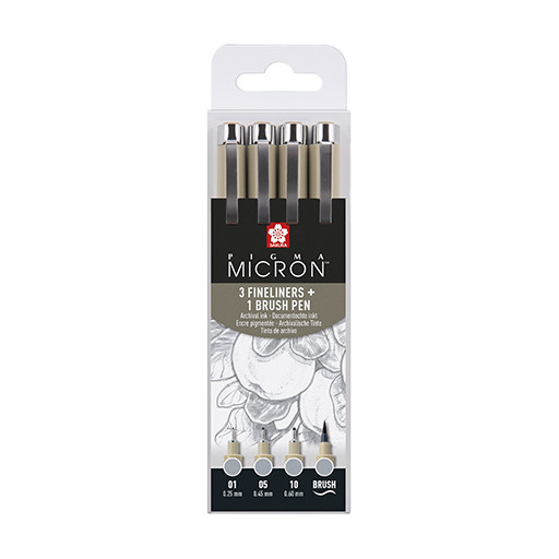 SAKURA PIGMA MICRON SET 3 STYLOS CALIBRÉS + 1 STYLO PINCEAU GRIS FROID CLAIR