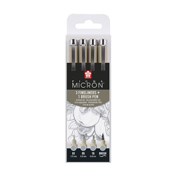 SAKURA PIGMA MICRON SET 3 PENNARELLI FINELINER + 1 PENNARELLO PUNTA A PENNELLO GRIGIO FREDDO CHIARO
