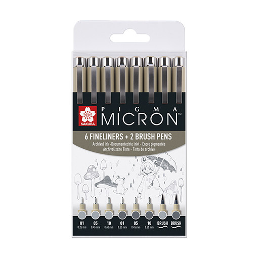 SAKURA PIGMA MICRON SET 6 ROTULADORES CALIBRADOS + 2 PUNTA PINCEL TONOS GRISES FRÍOS