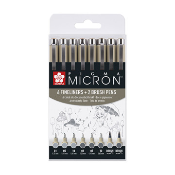 SAKURA PIGMA MICRON SET 6 PENNARELLI FINELINER + 2 PENNARELLI PUNTA PENNELLO TONALITÀ GRIGIE FREDDE