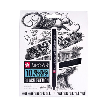 SAKURA PIGMA MICRON BLACK EDITION SET 10 PENNARELLI FINELINER NERI CALIBRATE + ASTUCCIO IN OMAGGIO