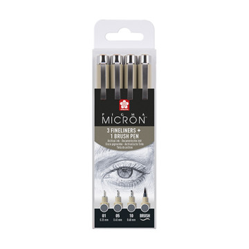 SAKURA PIGMA MICRON SET 3 PENNARELLI FINELINER + 1 PENNARELLO PUNTA A PENNELLO GRIGIO FREDDO