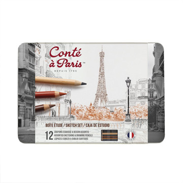 CONTÉ À PARIS SCATOLA METALLO SET DI STUDIO 12 MATITE ASSORTITE PER SCHIZZO E DISEGNO