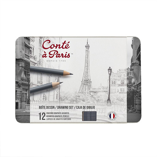 CONTÉ À PARIS DRAWING SET OF 12 ASSORTED GRAPHITE PENCILS IN A METAL TIN