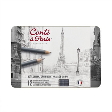 CONTÉ À PARIS SCATOLA METALLO SET DA DISEGNO 12 MATITE DI GRAFITE ASSORTITE