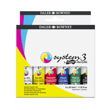 DALER ROWNEY SYSTEM 3 FLUID ACRYLIC PAINT - STARTER SETOF 6 BASIC COLOURS