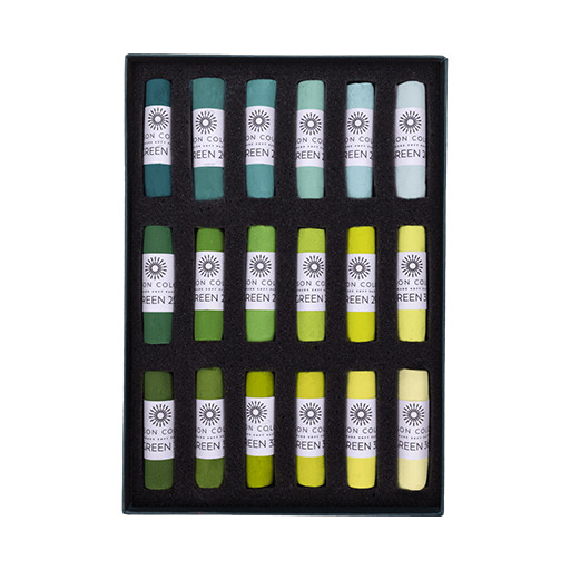 UNISON SOFT PASTELS GRÜN-FARBEN SET 19 BIS 36 - KARTONETUI 18 WEICHE PASTELLE