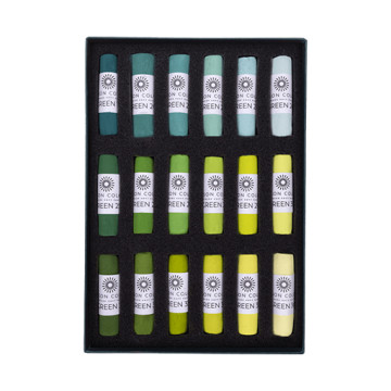 UNISON SOFT PASTELS SET VERDE (COLORI 19 A 36) - SCATOLA CARTONE 18 PASTELLI MORBIDI