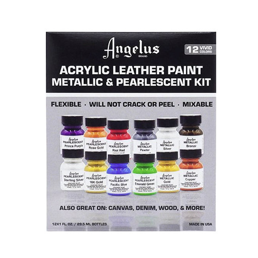 ANGELUS PEARLESCENT & METALLIC KIT OF 12 LEATHER PAINTS FOR