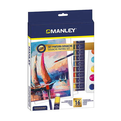 MANLEY SET PEINTURE GOUACHE 12 COULEURS EN TUBES DE 12 ML + ACCESSOIRES