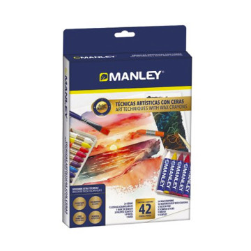 MANLEY ART TECHNIQUES WITH WAX CRAYONS - SET OF 36 COLOURS + ACCESSORIES