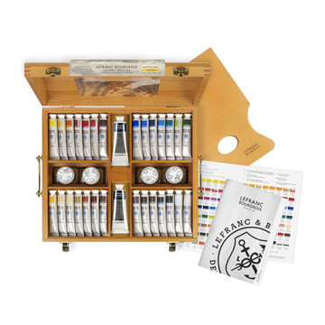 LEFRANC BOURGEOIS PRESTIGE WOODEN BOX SET - 28 X 20 ML EXTRA FINE OIL COLOURS + ACCESSORIES