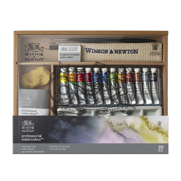 WINSOR & NEWTON PROFESSIONAL WATERCOLOUR SCATOLA DA STUDIO IN LEGNO - 12 TUBETTI ACQUERELLO DA 5 ML + ACCESSORI