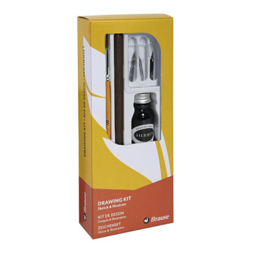 BRAUSE KIT DIBUJO - PORTAPLUMILLAS + 3 PLUMILLAS + PINCEL + TINTA CHINA JACQUES HERBIN 15 ML