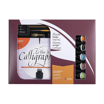 BRAUSE CAJA REGALO PARA CALIGRAFÍA - 5 TINTAS JACQUES HERBIN 15 ML + 4 PLUMILLAS + PORTAPLUMILLAS + PINCEL + BLOC DE CALIGRAFÍA 