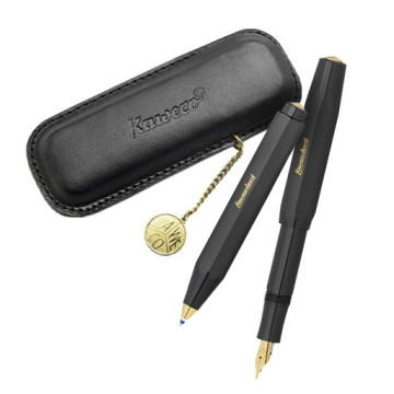 KAWECO CLASSIC SPORT SET PENNA STILOGRAFICA NERA + PENNA A SFERA NERA + ASTUCCIO IN PELLE
