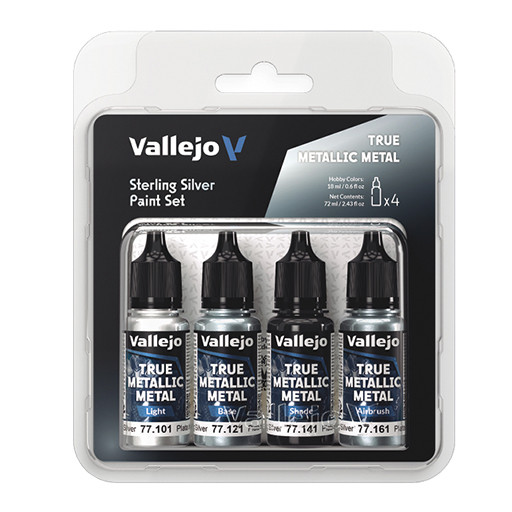 VALLEJO TRUE METALLIC METAL - STERLING SILVER PAINT SET - 4 METALLIC ACRYLIC COLOURS